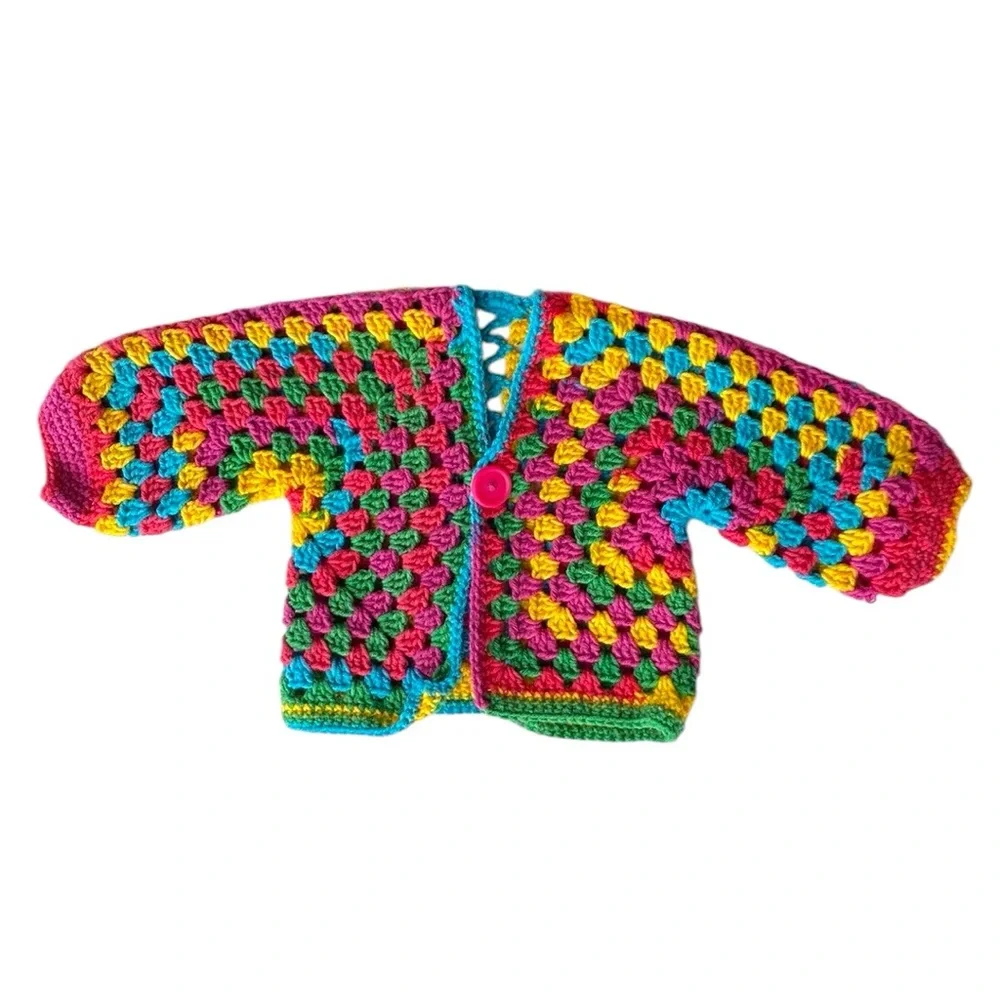 VINTAGE HANDMADE Crochet Sweater Cardigan Rainbow Hand Knit Handmade